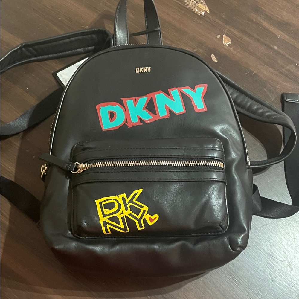 DKNY Black Mini Backpack with Teal, Red and Yellow Logo Accents